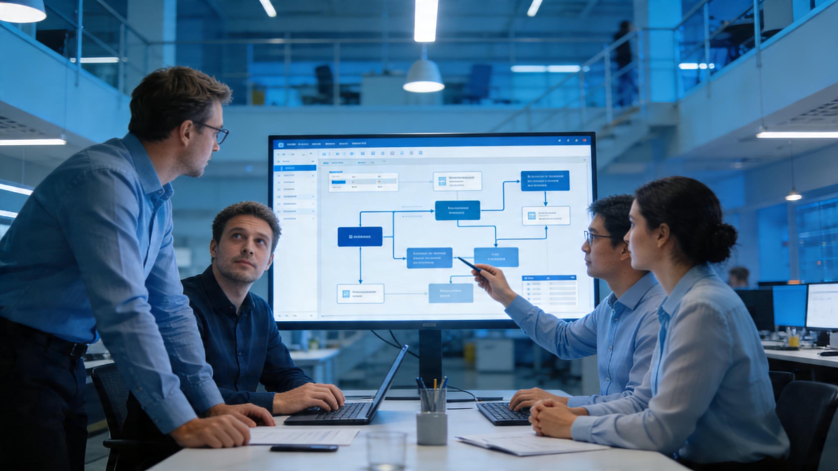 Business team reviewing ERP workflows